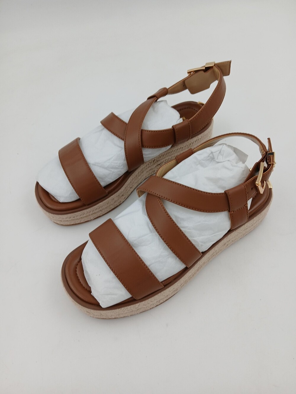 Michael Kors Shoe Women Brown Platform Espadrille Sandal Gold MK Buckle Size 7.5